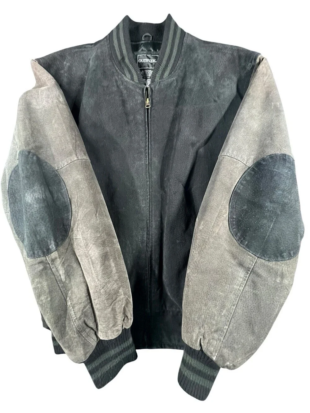 Outbrook Leather Bomber Jacket Black Gray Suede Varsity Zip Jacket Men’s M